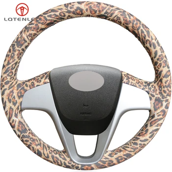 

LQTENLEO Leopard Artificial Leather Car Steering Wheel Cover For Hyundai Solaris (RU) 2010-2016 Verna 2010-2016 i20 2009-2015