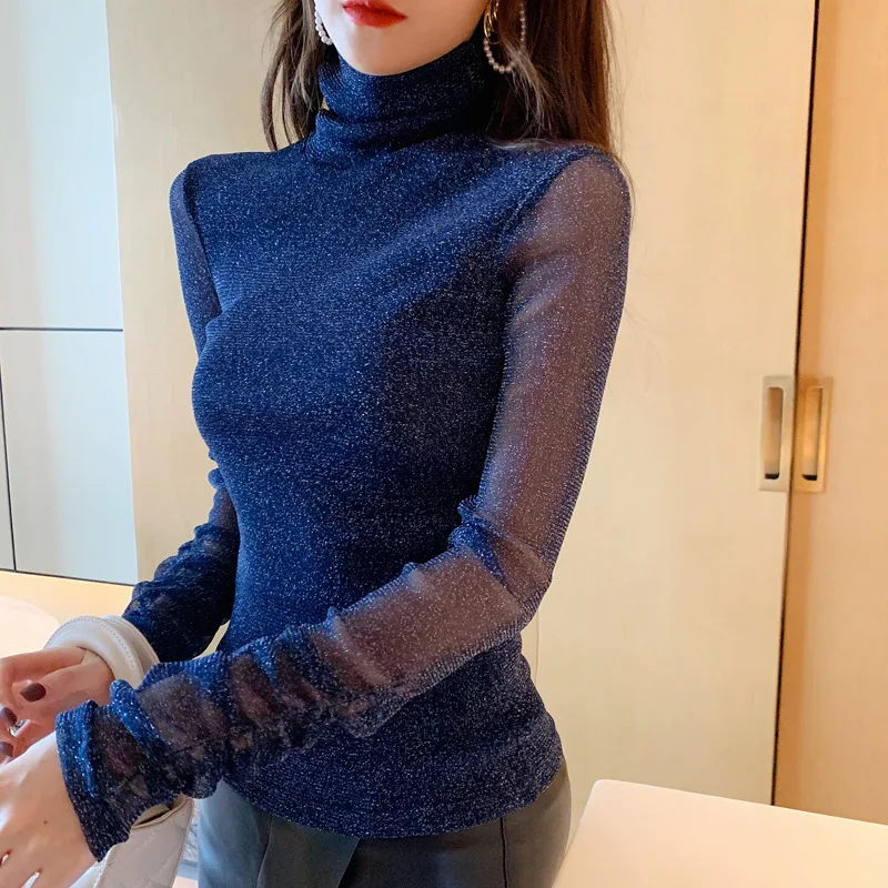 

Women's Bright Silk Top 2022 Spring Atumn Turtleneck Long Sleeve Shirt Sexy Mesh Transparent Shining Sexy Flexible Shirts