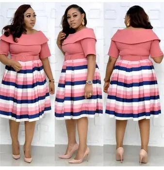 

Short Sleeves Strip Dress with Belt