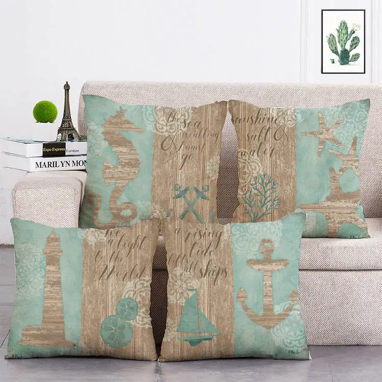Creative Tropical Fish Blue Cushion Cover Turtle Seahorse Jellyfish Linen Pillow Covers Fashion Decorative Throw Pillows T160  Дом и | Cushion Cover -10000404500620