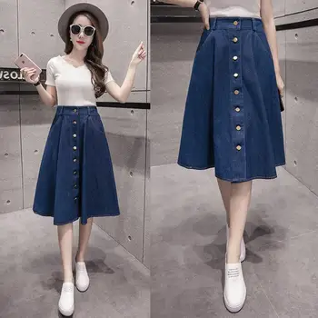 

New Arrival Summer Pleated Denim Skirt Girls Cute Blue Jean Skirts Womens High Waist Button A -Line Casual Solid Skirts