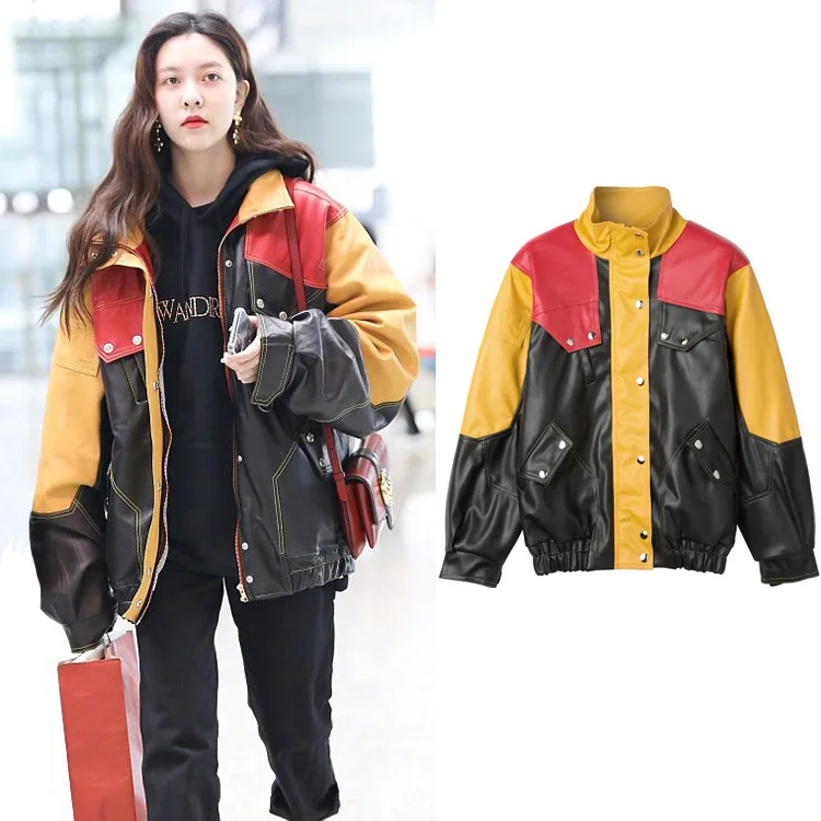 

2019 Autumn And Winter New Style song yan Fei Airport Celebrity Style PU Leather Joint Contrast Color Jacket plus Cotton Coat