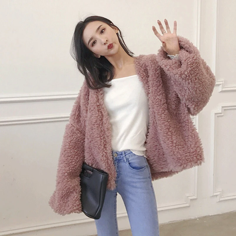 

2019 Wool Cardigan Coat Winter And Autumn Loose Warm Long Bat Sleeve V-Neck Open Stitch lantern Sleeve Casual Women Coats