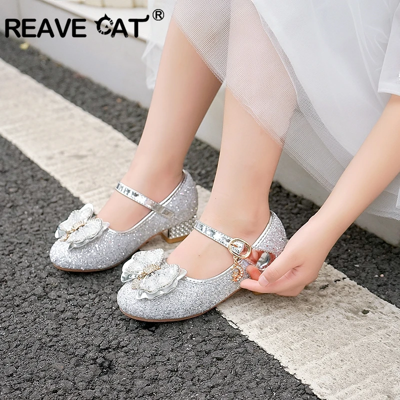 

REAVE CAT Girls Princess Flats Mary Janes Bowtie Round Toe Buckle Rhinestone Banquet Formal Occasion Size 26-37 Silver Blue Pink