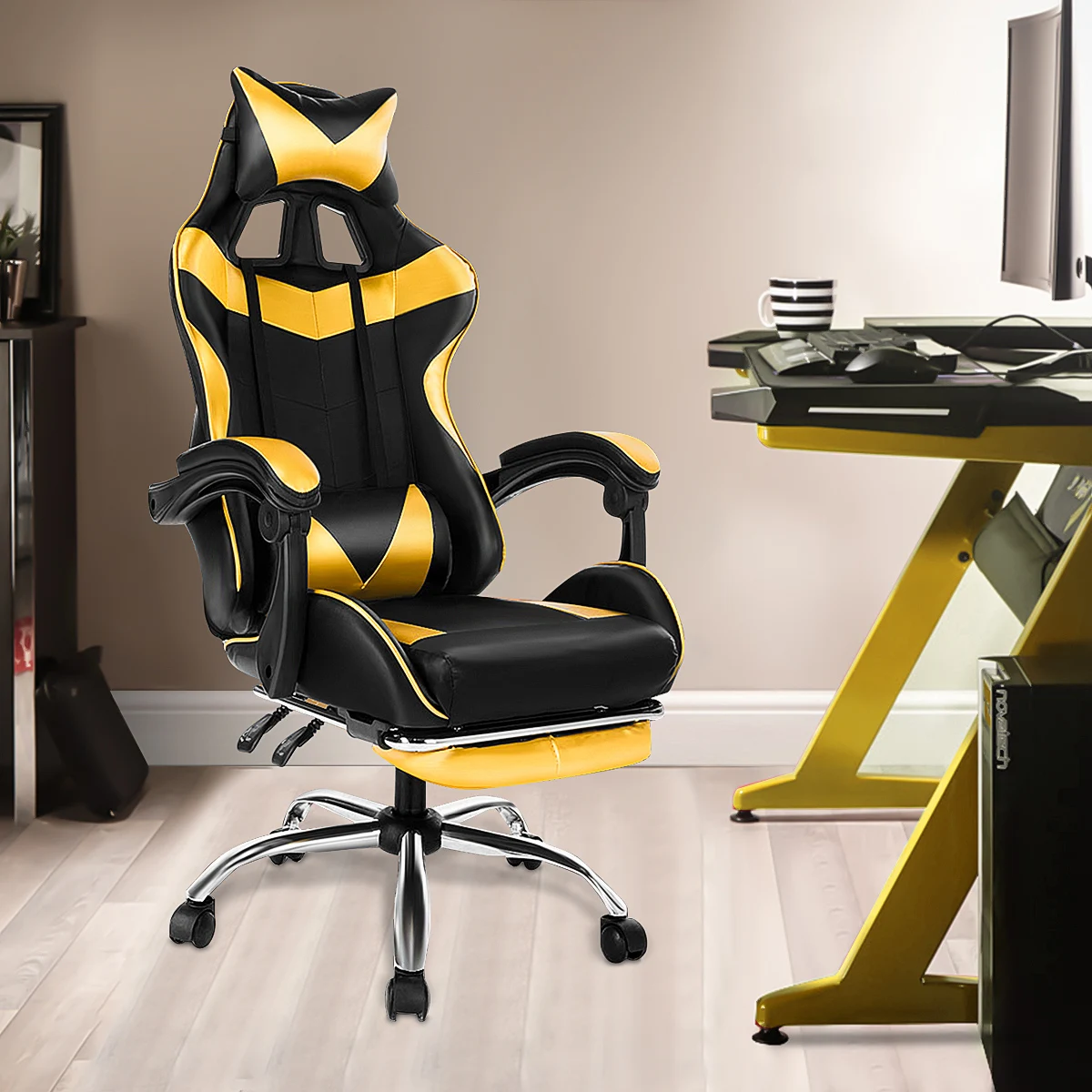 Ergonomic Computer Armchair Office Gaming Chair with Footrest Racing Chair  PU Leather Swivel Lifting Lying Computer Seating