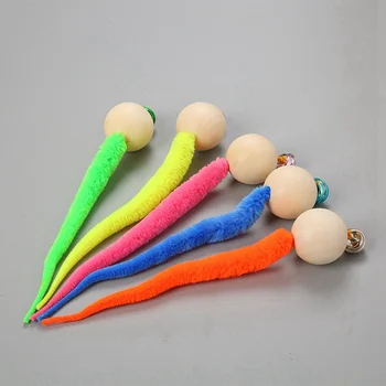 

Simulation Worm Toy With Bell For Pet Wooden Ball Head Plush Tail Interactive Teaser Cat Toy wooden ball toy new