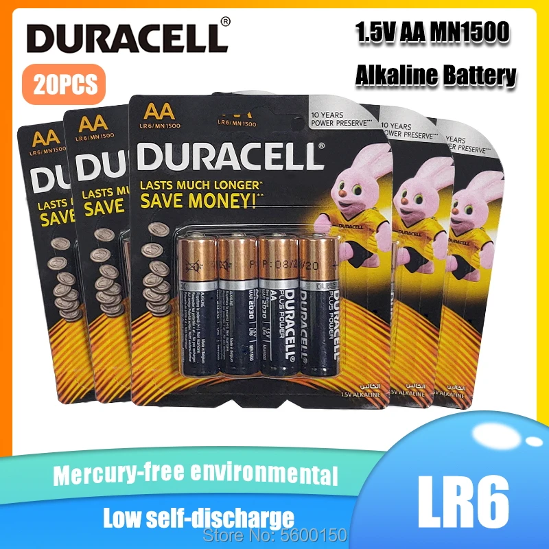 20 шт. оригинальные щелочные батарейки DURACELL 1 5 в AA LR6 для игрушек дистанционного