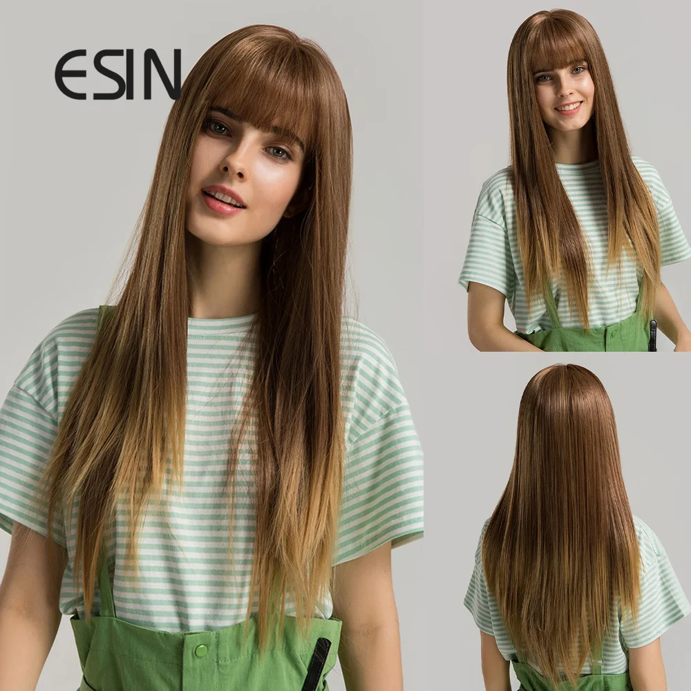 ESIN Blonde Brown Long Straight Wig with Air Bangs Daily Natural Synthetic Wigs for Women Heat Resistant Hair |