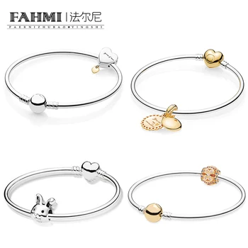 

FAHMI 100% 925 Sterling Silver SHINE SUNSHINE HANGING GOLD COLOUR FRESCO Bead Twee Harten Rabbit Charm Heart Shape Bangle Set