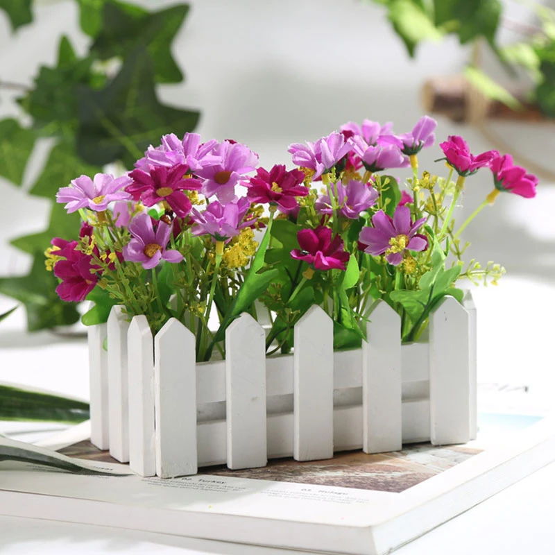 デイジー造花セットシルクの花ホームデスク装飾木製フェンス花瓶 花パーティーの装飾ギフト 造花 ドライフラワー Aliexpress
