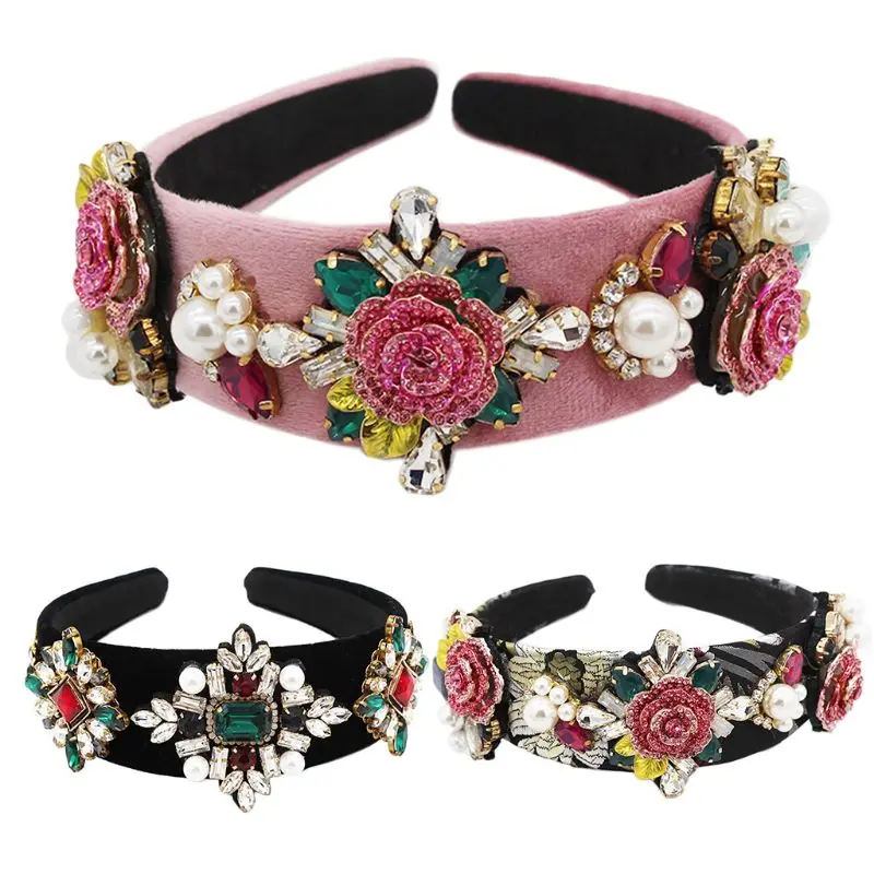 Западное барокко преувеличенная бандана полностью блестящие украшения Стразы Цветок розы ободок с листьями для женщин Выпускной обруч для волос