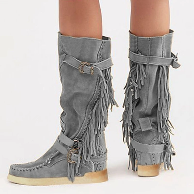 Oeak Autumn Winter Women Boots Tassel Boots Female Ladies Height Increased Low Heel Shoes Lady Mid Calf Slip On High Boots