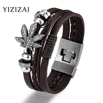 YIZIZAI Fashion Bracelete Genuine Leather Multilayer Anchor Bracelet Men Vintage Punk Rock Women Alloy Beads Nautical Jewelry