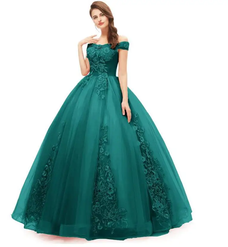 Бальные платья с открытыми плечами, фатиновые кружевные Длинные бальные платья, платья для выпускного вечера, 16 платьев, Vestido De 15 Anos Quinceanera - Цвет: Emerald Green