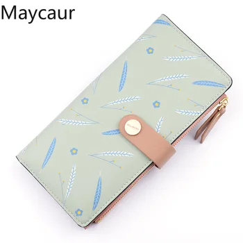

Maycaur Zipper Button Flower Feather Color Printing Long Women Wallets Fashion Lady Style Fold PU Leather Wallet Storage Purses