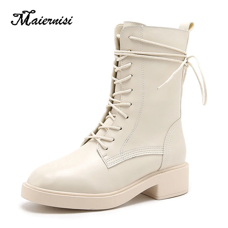 

MAIERNISI Autumn ladies ankle boots British platform shoes Matin boots cross straps front zipper female botas mujer beige shoes