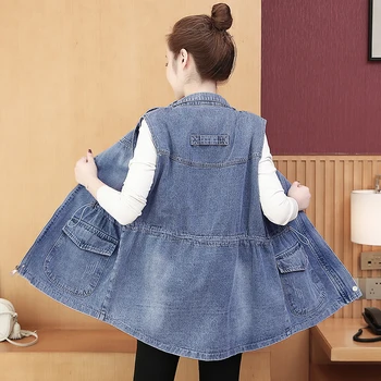 

Women Long Plus Size Slim Denim Coat Fashion Vintage Washed Sleeveless Casual Double Breasted Denim Outerwear