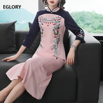 

Top Quality Chinese Style Dress 2019 Autumn Women Lurex Embroidery 3/4 Sleeve Mid-Calf Length Sexy Party Mermid Dress Pink Lady