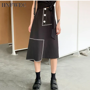 

High Elastic Waist Patchwork Button Hit Color Asymmetric Half-body Skirt Women Fashion Tide New Spring Autumn 2020 V674