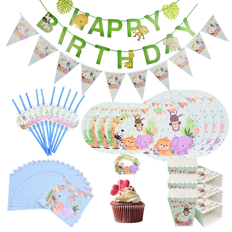 Jungle Party Disposable Tableware Cartoon Animal Painting Plate Napkin Paper Box for Kids Birthday Baby Shower Party Decorations