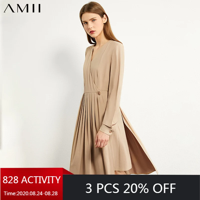 AMII Minimalism Autumn Fashion Pleated Solid Women Dress Causal Vneck Full Sleeve Knee-length Female Dress 12070285 AMII Minimalism Autumn Fashion Pleated Solid Women Dress Causal Vneck Full Sleeve Knee-length Female Dress 12070285