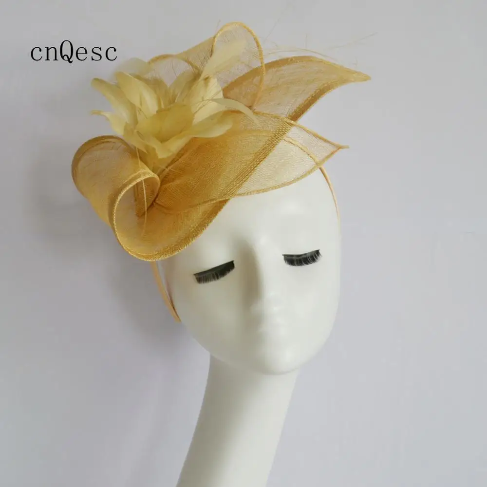 Champagne gold Ladies formal dress hat Sinamay hat feather flower fascinator wedding hat