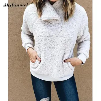 

2019 Plush Sweatshirt Women Solid White Purple Long Sleeve Turtleneck Zipper Hoodies Sweatshirts Winter Thicken Loose Pullover