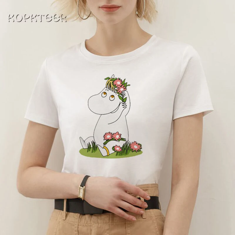 Женские модные футболки 2019 Милая футболка Moomin Kawaii с забавным принтом и