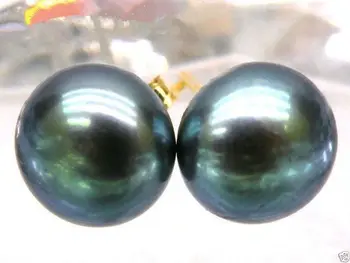 

free shipping HOT Perfect 10-11mm BLACK Peacock Green South Sea Pearl 14k/20 Gold Earrings