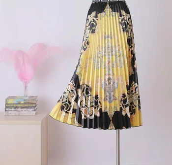 

2020 Christmas Pleated Skirts Summer Women High Waisted Indie Folk Printed High Elastic Quality Long Skirt Party Holiday Rok