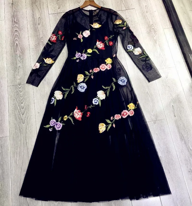 floral2 Женское черное Сетчатое платье в горошек с тяжелой вышивкой крестиком, платья-пачки с длинным рукавом, новинка, весенне-летнее Брендовое красное цветочное готическое платье для подиума - Цвет: floral2