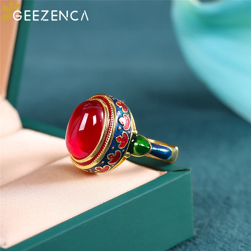GEEZENCA S925 Silver Gold Plated Red Corundum Enamel Color Women's Ring Cloisonne Vintage Trendy Open Rings Fine Jewel