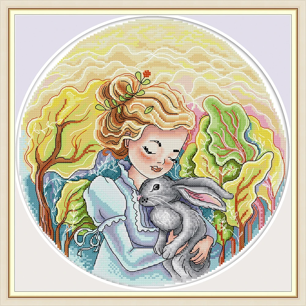 

Girl and rabbit cross stitch kit aida 14ct 11ct count print canvas cross stitches needlework embroidery DIY handmade