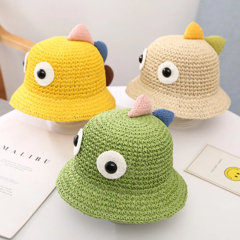 teething toys for babies Summer Cute Dinosaur Baby Straw Hat Boys Girls Bucket Hats Kids Beach Outdoor Bucket Sun Hat Protection Children Fisherman Cap baby stroller mosquito net