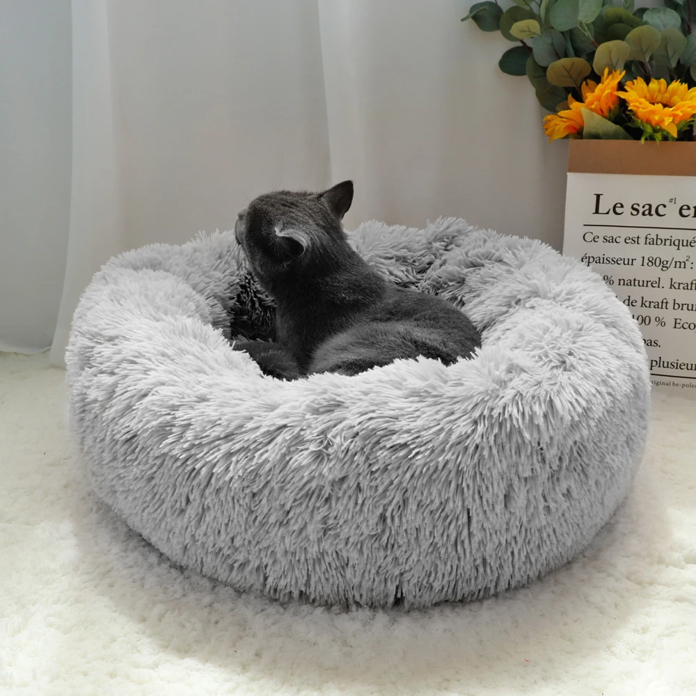 Fluffy Calming Dog Bed Long Plush Donut Pet Bed Hondenmand Round