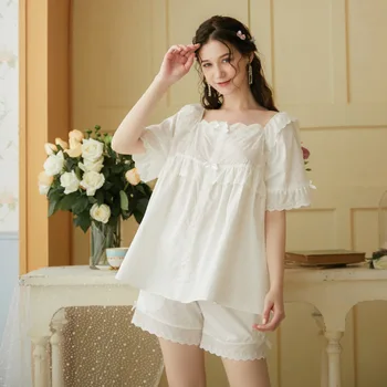 

Short-sleeved Shorts Lace Stitching Pajamas Suit Female Summer Palace Wind Princess Fan Silk Cotton Loose White Pijama Stitch