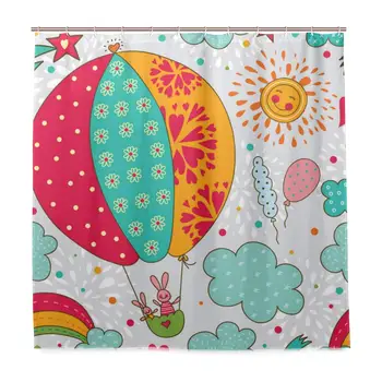 

Unique Shower Curtain Cheerful Rabbits are Flying Hot Air Balloon Eco-Friendly with 12 Hooks in Bathroom W72 xH79