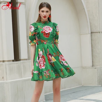 

2020 Designer Summer Women Fashion Green Dress Half sleeve Stand collar Lotus leaf Printing Mini Dress elegant Party Dress New