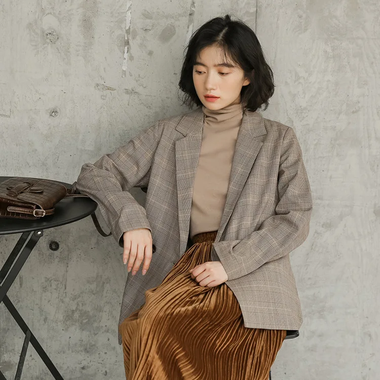 

2019 Autumn Clothing New Style Korean-style Retro Hong Kong Style Loose-Fit Plaid Long Sleeve Thin Small Suit Female Suit Casual