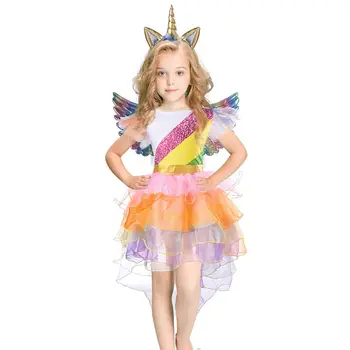 

2019 new girls princess dress unicorn snow yarn wings rainbow pettiskirt party dress costume with headband wing children gifts