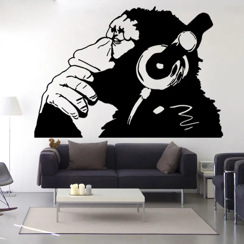 Banksy Vinyl Dinding Decal Monkey Dengan Headphone Satu Warna Simpanse Mendengarkan Musik Di Earphone Street Graffiti Sticker Wl149 Wall Stickers Aliexpress