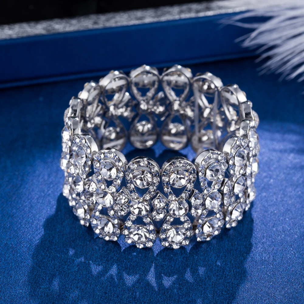 Bracelet Jewelry Wedding Jewelry Luxury Full Crystal Rhinestones Gold Color Bracelets for Women Bride Stretch Rope Wide Bracelets & Bangles Gift