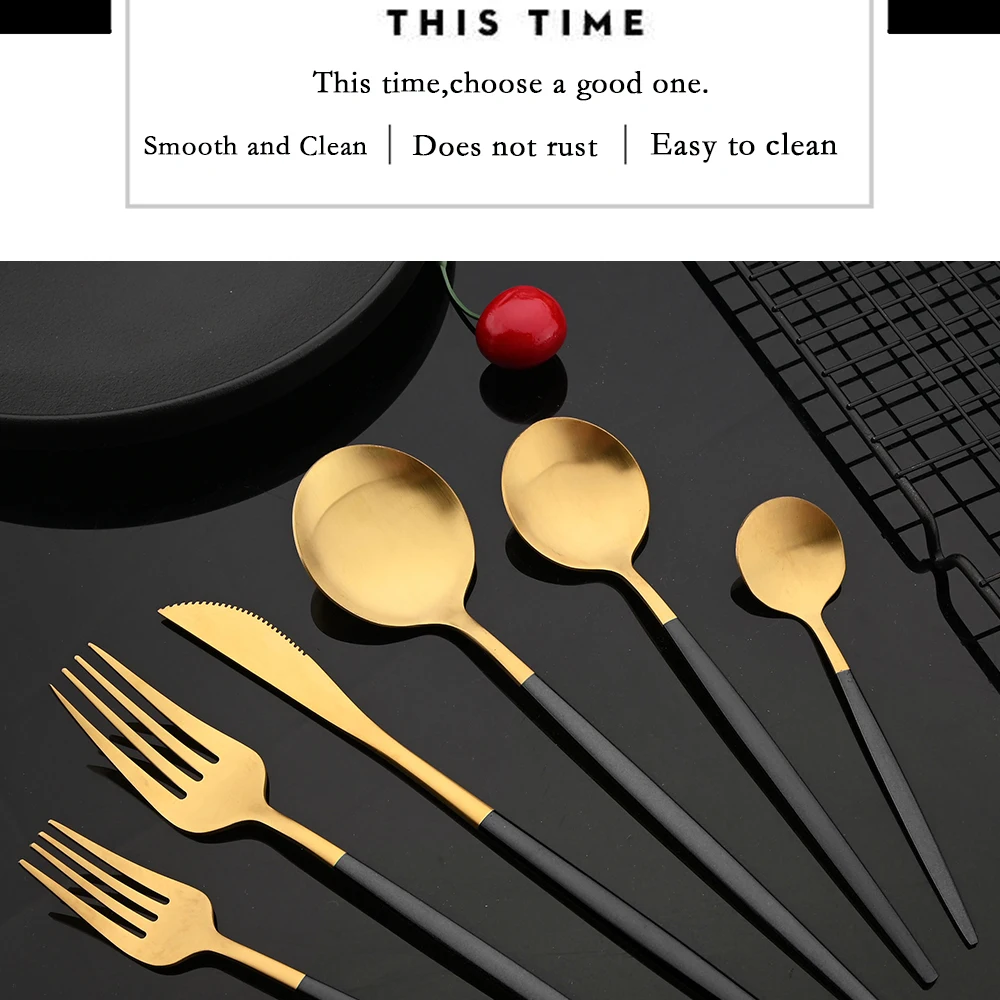 Description Picture 3 of itemTableware Stainless Steel Black Gold Flatware Cutlery Set Dinnerware Dinner Knife Coffee Spoon Fork Salad Fork Spoon Silverware