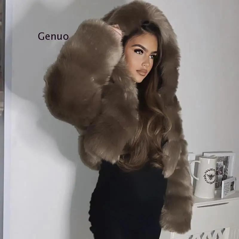 Winter Faux Fox Fur Women Short Coats Female Luxury Faux Fur Hooded Jacket High Quality Ladies Hooded Fur Warm Coat 2020 New