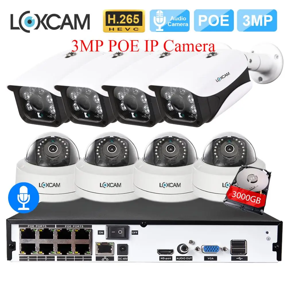 LOXCAM H.265 + система видеонаблюдения 8CH POE NVR комплект 48 В 3MP внутренняя наружная
