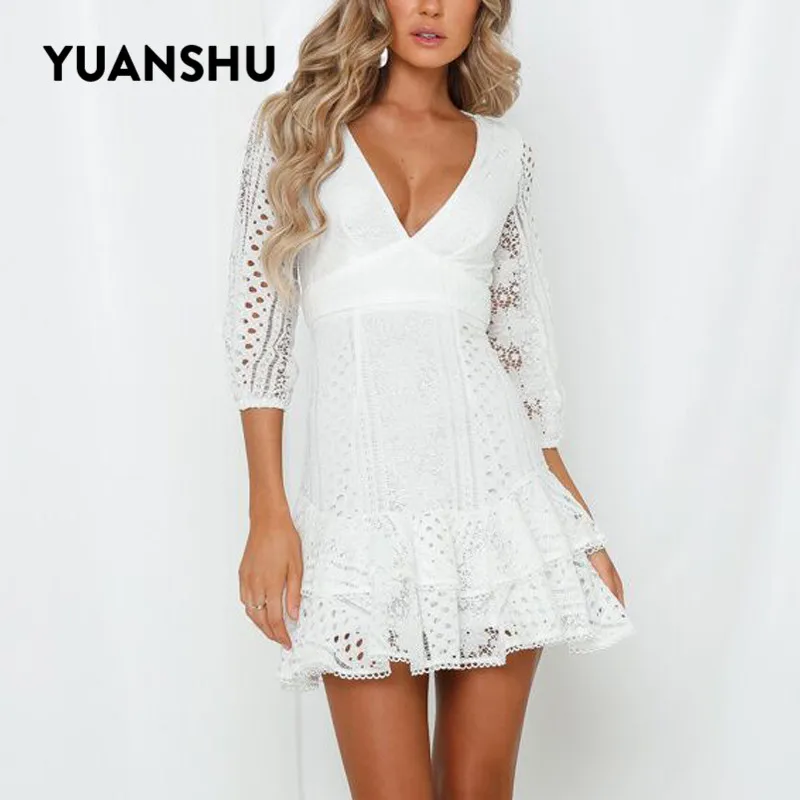 

YUANSHU Summer White Lace Hollow out Pullover Mini Dress Women V Neck Zipper Half Sleeve Slim Dress Sexy Party Dress