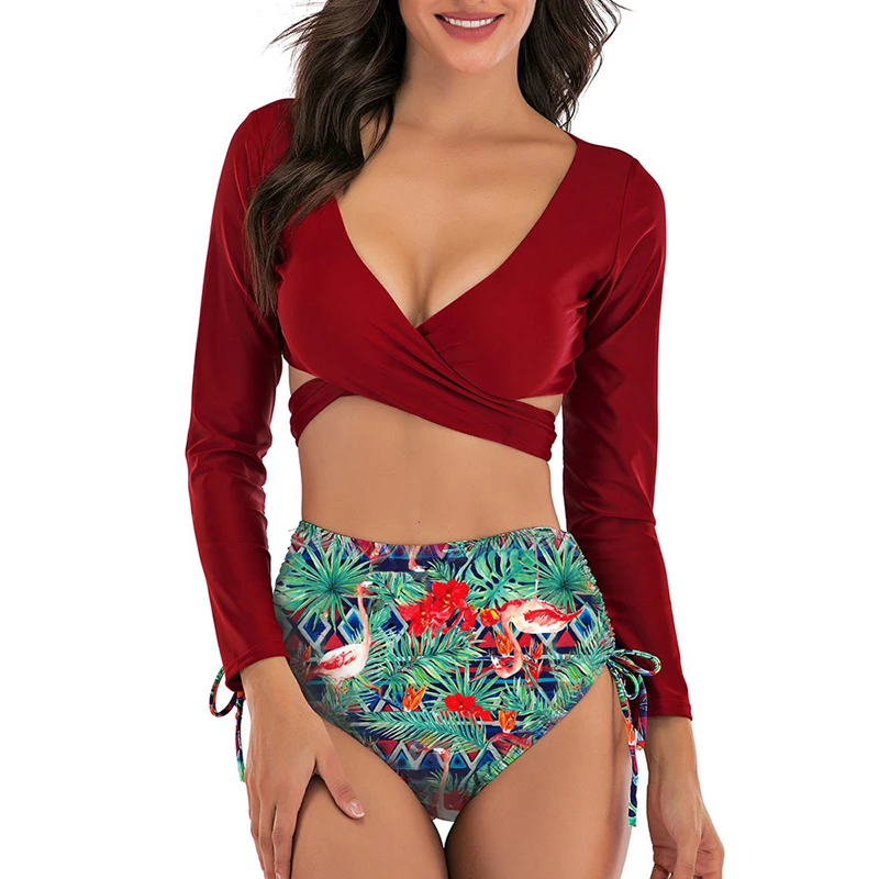 

2019 Sexy Cross Women Swimsuits Hight Waist Floral Print Bottoms Long Sleeeve Bikini Set Female Push Up Bikinis Bath Beachwear
