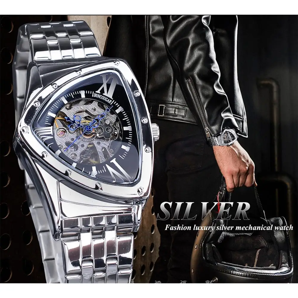 DUNCOUGAR Skeleton Triangle Dial Mechanical Automatic Watch Silver Stainless Steel Irregular Casual Business Watch