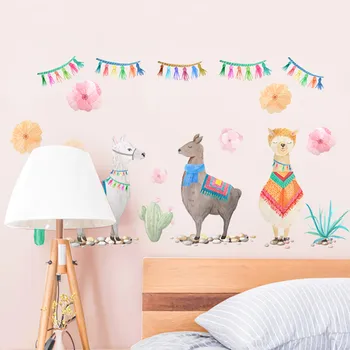 

2020 Cartoon Animals Alpaca Llama Wall Stickers Beautiful Cactus Plant Decals For Living Room Music Birthday Party Theme Gift