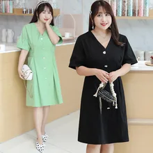 [Xuan chen] Плотное мм однотонное тонкое платье, Летний Стиль, большие размеры и большой v-образный вырез, юбка на пуговицах 1838